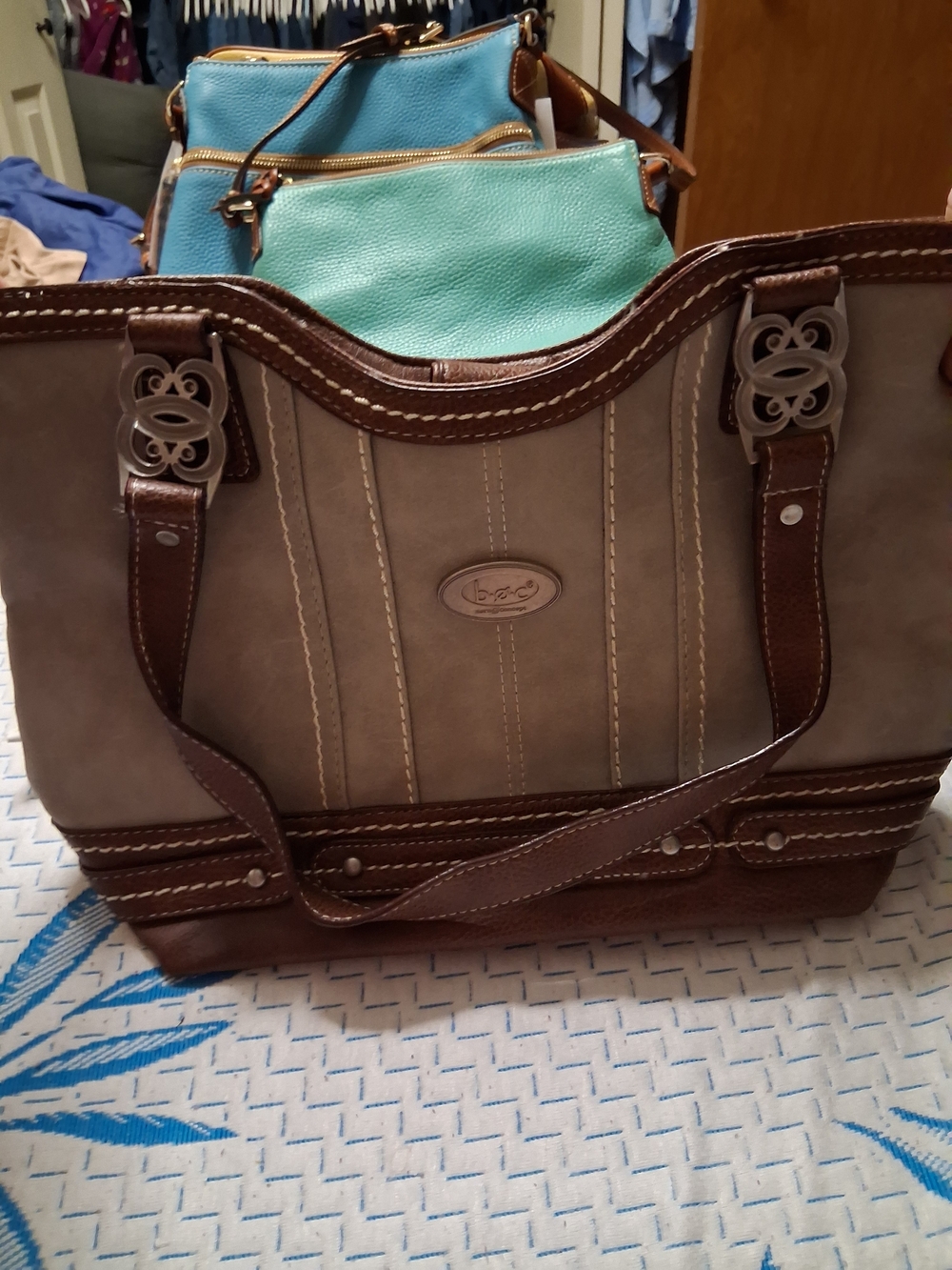 b.o.c. Taupe and Brown Leather-Trim Tote with Double Handles